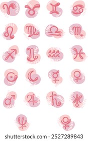 Astrological symbols with sweet pink bubble banner and fern leaves for decoration on sign of zodiac and horoscope concept.