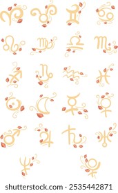 Astrological symbols with wind and Autumn leaves for decoration on sign of zodiac and horoscope concept.

