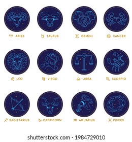 Astrologische Symbole zodiakische Zeichen, Bärenschilder und Aquarius, Krebs und Taurus, Leo und Virgo, Sagittarius und Scorpio, Bibliotheken und Gemini, Stücke. Horoskop-Symbole mit Sternbildern. Vektorgrafik auf ebene