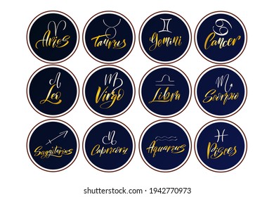 Astrological symbols of the zodiac signs. Astrology,Natal charts, horoscopes, Jyotish. Vector highlights a set of cover icons for social stories. Hand-drawn round templates for modern bloggers.