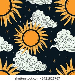 Astrologische Tarot Sonne und Wolken Muster auf schwarzem Himmel. Mystisches Tarot-Thema. Für Tarot-Karten, Postkarten, Drucke.