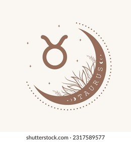 Astrological Taurus zodiac sign. Horoscope icon in boho minimalist style. Mystic vector illustration. Spiritual tarot card. Hand drawn magic vintage logo.