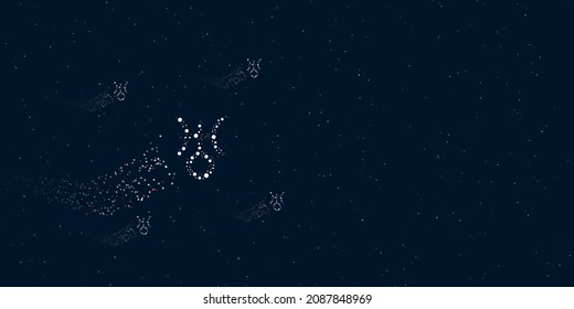 A astrological uranus symbol filled with dots flies through the stars leaving a trail behind. There are four small symbols around. Vector illustration on dark blue background with stars