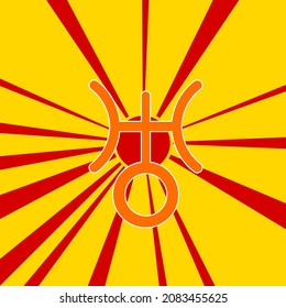 Astrological uranus symbol on a background of red flash explosion radial lines. A large orange symbol is located in the center of the sunrise. Vector illustration on yellow background