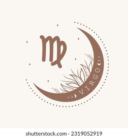 Astrological Virgo zodiac sign. Horoscope icon in boho minimalist style. Mystic vector illustration. Spiritual tarot card. Hand drawn magic vintage logo.