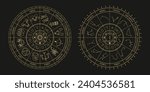 Astrological wheel with zodiac signs, symbols and constellations. Celestial mystical wheel. Mystery and esoteric. Horoscope vector illustration.