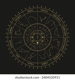 Astrological wheel with zodiac signs, symbols and constellations. Celestial mystical wheel. Mystery and esoteric. Horoscope vector illustration.