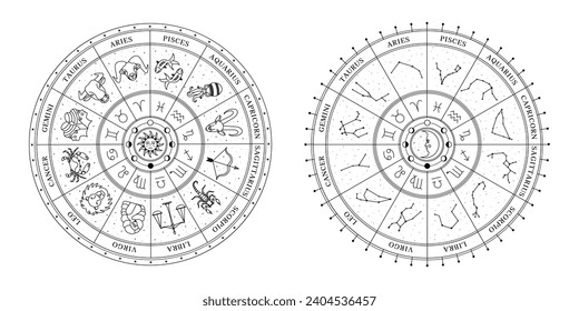 Astrological wheel with zodiac signs, symbols and constellations. Celestial mystical wheel. Mystery and esoteric. Horoscope vector illustration.