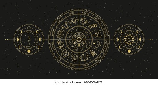 Astrological wheel with zodiac signs, symbols and constellations. Celestial mystical wheel. Mystery and esoteric. Horoscope vector illustration.