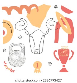 Astrological zodiac. Bull. Taurus. Aries. Combined different styles. Simple one line. Vector illustration.  Abstract organic shapes in matisse style.  lines. Collage. Vector illustration