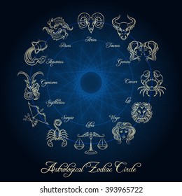 Astrological zodiac circle. Horoscope wheel with hand drawn signs. Vector illustration