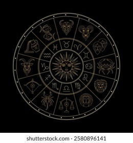 Astrological zodiac circle in line art style with all twelve astrological signs and central sun symbol.