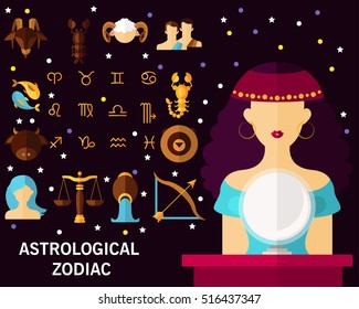 Astrological Zodiac concept background. Flat icons.