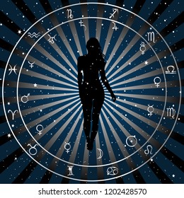 Astrological zodiac horoscope background with silhouette of woman. Astrology concept poster