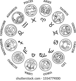 Astrological zodiac horoscope star signs icon symbols set