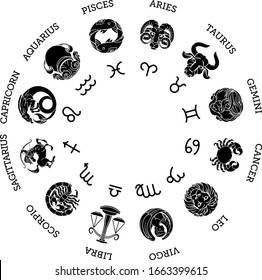 Astrological zodiac horoscope star signs symbols icon set