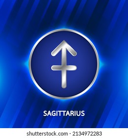 Astrological zodiac Sagittarius symbols in light silver color around. Glowing collection of Astrology Zodiac Signs. Shining bright lights stars. Glowing shining metallic zodiac signs.