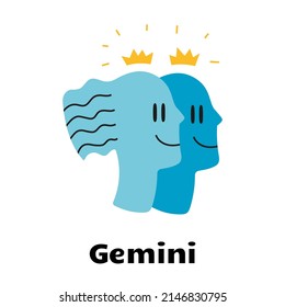 Astrological zodiac sign Gemini isolated on white background. Cute hand drawn trendy illustration. Flat cartoon vector style.