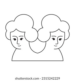 Astrological zodiac sign. Gemini Symbol outline, line art. Constellations. Portrait of gemini Heads. Colorful isolated icon. Cartoon style. Logo, print, avatar template. Vector illustration isolated