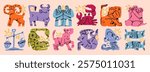 Astrological zodiac signs. Aries, Taurus, Leo, Gemini, Virgo, Scorpio, Libra, Aquarius, Sagittarius, Pisces, Capricorn, Cancer. Cartoon unique modern style. Hand drawn isolated Vector illustrations