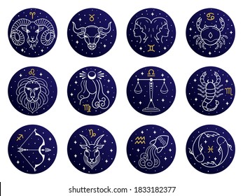 Astrological zodiac signs. Aries, taurus, leo and gemini horoscope, virgo, scorpio, libra, aquarius zodiac, sagittarius, pisces, capricorn, cancer vector symbols. Constellations on blue - Shutterstock ID 1833182377