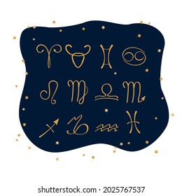 Astrological zodiac signs. Aries, taurus, leo, gemini horoscope, virgo, scorpio, libra, aquarius zodiac, sagittarius, pisces, capricorn, cancer symbols. Constellations on blue. 
 Vector illustration