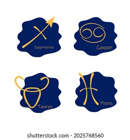 Astrological zodiac signs. Aries, taurus, leo, gemini horoscope, virgo, scorpio, libra, aquarius zodiac, sagittarius, pisces, capricorn, cancer symbols. Constellations on blue. 
 Vector illustration