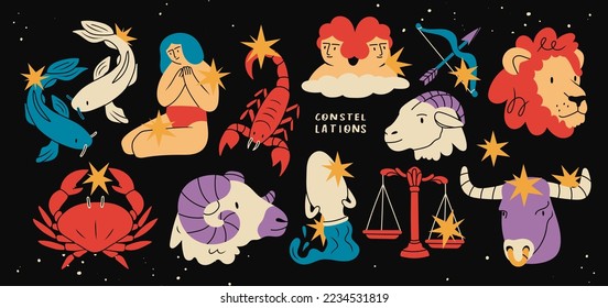Astrological zodiac signs. Aries, Taurus, Leo, Gemini, Virgo, Scorpio, Libra, Aquarius, Sagittarius, Pisces, Capricorn, Cancer. Symbols of zodiac Constellations. Hand drawn Vector illustration