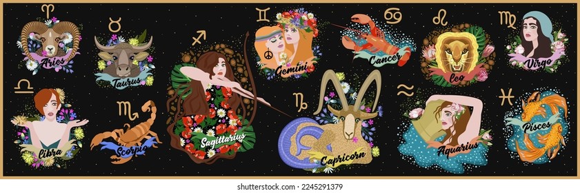 Astrological zodiac signs. Aries, Taurus, Gemini, Cancer, Leo, Virgo, Libra, Scorpio, Sagittarius, Capricorn, Aquarius, Pisces. Twelve zodiac constellations. Vector illustrations on black background.