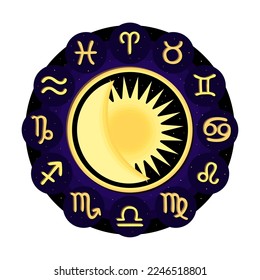 Astrological zodiac signs. Aries, Taurus, Gemini, Cancer, Leo, Virgo, Libra, Scorpio, Sagittarius, Capricorn, Aquarius, Pisces. Twelve zodiac constellations. Vector symbols in a circle. 