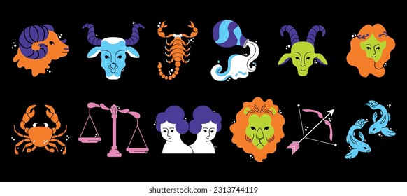 Signos astrológicos de zodiaco. Aries, Taurus, Leo, Gemini, Virgo, Scorpio, Libra, Aquarius, Sagitario, Pisces, Capricornio, Símbolos Cáncer. Constelaciones. Ilustración del vector aislada en el fondo