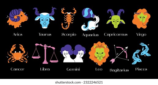 Astrological zodiac signs. Aries, Taurus, Leo, Gemini, Virgo, Scorpio, Libra, Aquarius, Sagittarius, Pisces, Capricorn, Cancer Symbols. Constellations. Vector illustration isolated on background