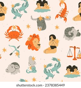 Astrological zodiac signs. Aries, Taurus, Leo, Gemini, Virgo, Scorpio, Libra, Aquarius, Sagittarius, Pisces, Capricorn, Cancer. Symbols of zodiac Constellations. Hand drawn Vector seamless Pattern