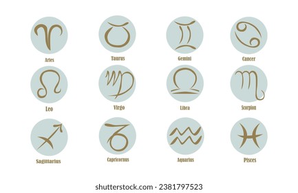 Astrological zodiac signs. Aries, taurus, leo and gemini horoscope, virgo, scorpio, libra, aquarius zodiac, sagittarius, pisces, capricorn, cancer vector symbols. Constellations on blue