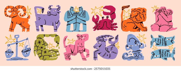 Astrological zodiac signs. Aries, Taurus, Leo, Gemini, Virgo, Scorpio, Libra, Aquarius, Sagittarius, Pisces, Capricorn, Cancer. Cartoon unique modern style. Hand drawn isolated Vector illustrations