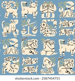 Astrological zodiac signs. Aries, Taurus, Leo, Gemini, Virgo, Scorpio, Libra, Aquarius, Sagittarius, Pisces, Capricorn, Cancer. Cartoon unique modern style. Hand drawn Vector seamless Pattern