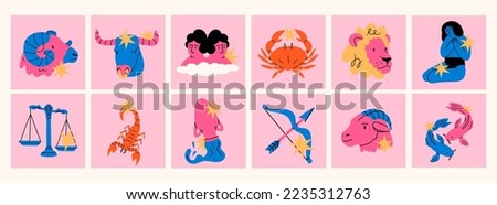 Astrological zodiac signs. Aries, Taurus, Leo, Gemini, Virgo, Scorpio, Libra, Aquarius, Sagittarius, Pisces, Capricorn, Cancer. Zodiac constellations. Hand drawn Vector illustration. Isolated icons