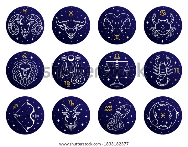 Astrological zodiac signs. Aries, taurus, leo and\
gemini horoscope, virgo, scorpio, libra, aquarius zodiac,\
sagittarius, pisces, capricorn, cancer vector symbols.\
Constellations on\
blue