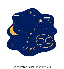 Astrological zodiac signs. Cancer symbols. Constellations on blue. Banner, poster, background, flyer, icon. Flat vector illustration, isolated objects