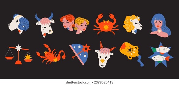 Signos astrológicos de zodiaco. Estilo plano. Ilustración vectorial dibujada a mano.