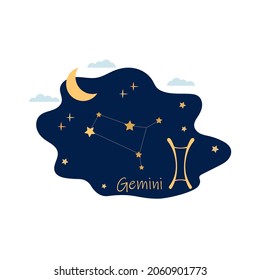 Astrological zodiac signs. Gemini, leo and aries horoscope,  zodiac  symbols. Constellations on blue. Banner, poster, background, flyer, icon. Flat vector illustration