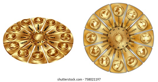 Astrological Zodiac signs of gold objects isolated on white background. The image is shown in two volumetric projections.