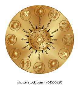 Astrological Zodiac signs of gold objects isolated on white background.