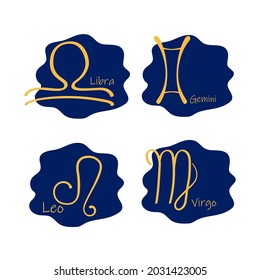 Astrological zodiac signs.  Horoscope, libra, aquarius zodiac, sagittarius, pisces,  symbols. Constellations on blue. Banner, poster, background, flyer, icon. Flat vector illustration