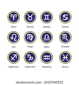 Astrological zodiac signs icon. Aries, Taurus, Leo, Gemini, Virgo, Scorpio, Libra, Aquarius, Sagittarius, Pisces, Capricorn, Cancer. Zodiac constellations. Vector illustration