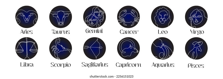 Astrological zodiac signs in line art style on dark blue Zodiak astrology symbol