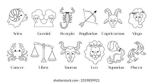 Astrological zodiac signs out line art. Aries, Taurus, Leo, Gemini, Virgo, Scorpio, Libra, Aquarius, Sagittarius, Pisces, Capricorn, Cancer. Constellations. Vector illustration isolated on background