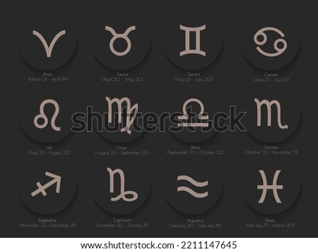 Astrological zodiac signs set. Simple flat twelve constellations simbols with dates.