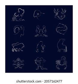 Astrological zodiac signs. Silhouette line. Aries, taurus, leo, gemini horoscope, virgo, scorpio, libra, aquarius zodiac, sagittarius, pisces, capricorn, cancer symbols. Banner, poster, icon. Vector