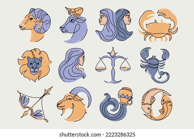 Astrological zodiac signs vector illustration. Horoscope symbols, icons set: aries taurus gemini cancer leo virgo libra scorpio sagittarius capricorn aquarius pisces. Astrology logo, calendar print